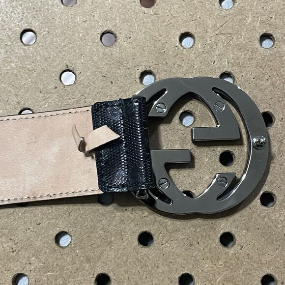 Gucci Belt Mens Size 34/85 Black Imprime Monogram GG Buckle Emblem Italy Made - Picture 5 of 8
